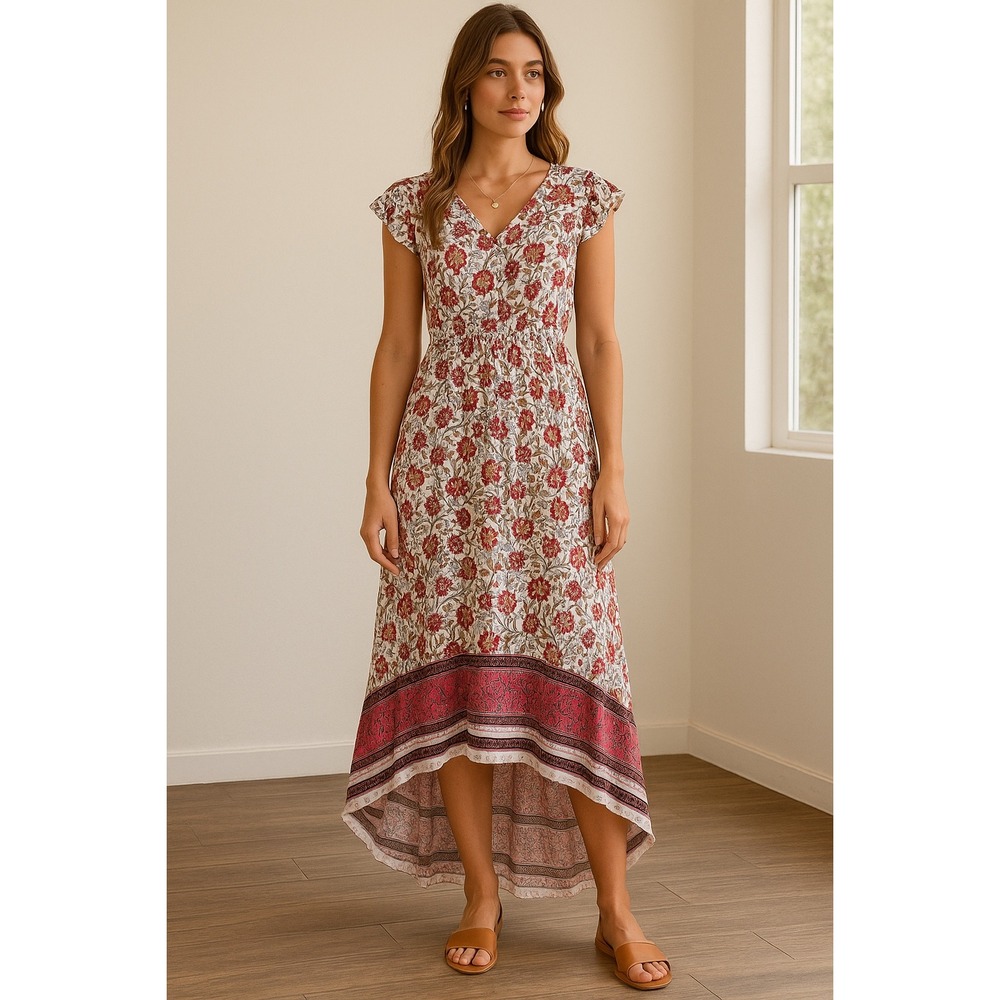Pretty Garden Boho Floral High Low Maxi Dress‎ Women's Size S Coquette Milkmaid